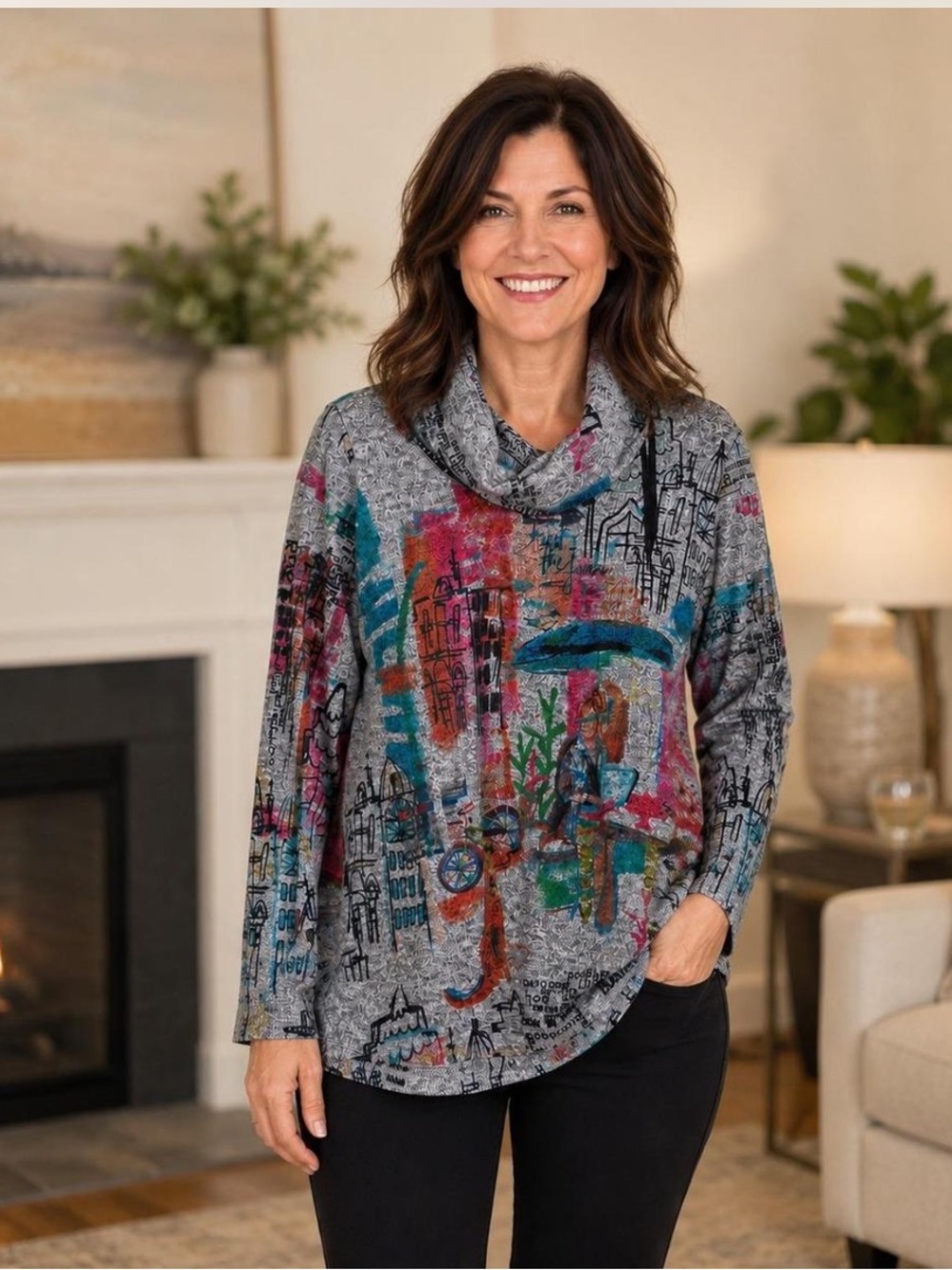 Ali Miles Cowl Neck tunic vibrant city graphic art print